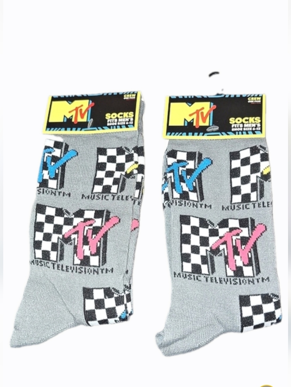 MTV Music Television Mens Crew Socks 2 Pairs Gray Checkered Logo Shoe Size 6-12